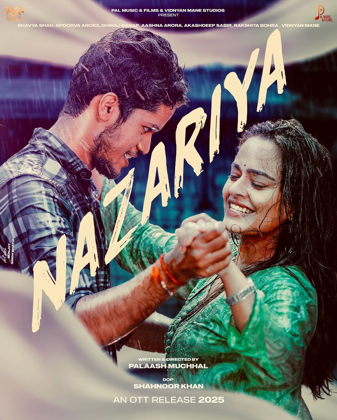 Official movie poster for Nazariya, showing Bhavya and his female co-lead, Apoorva Arora, smiling and holding hands in the rain